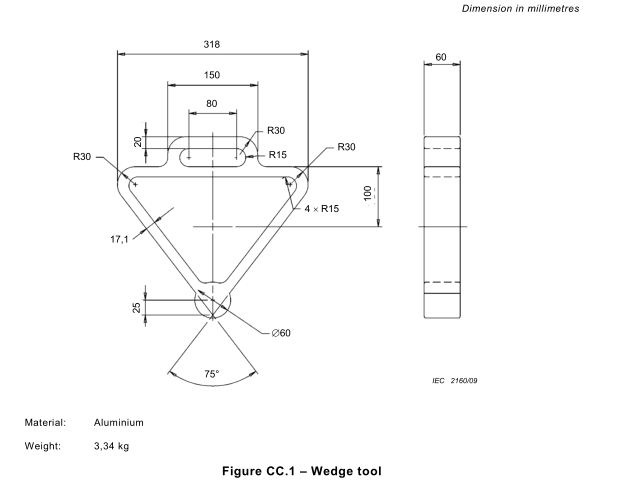 IEC 60601-2-52 Рисунок CC.1 Металлический инструмент для испытания медицинской кровати с неподвижными частями 0